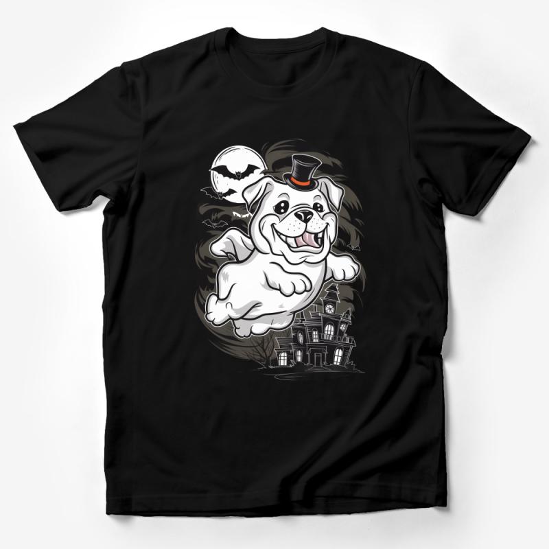 Cute Bulldog T-Shirt, Spooky Haunted House Graphic Tee, Funny Dog Top Hat Shirt Male T-Shirt